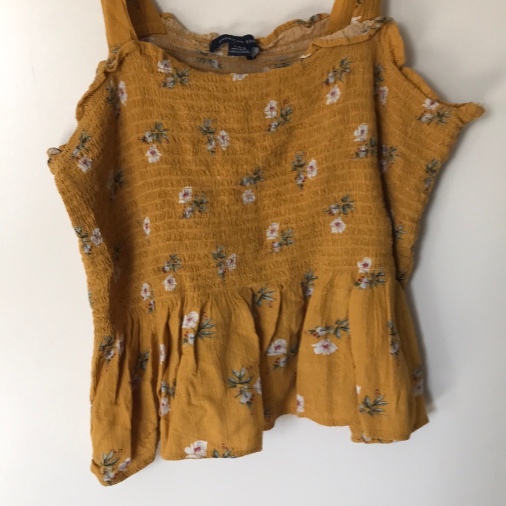 American Eagle Mustard Yellow Cropped Floral Peplum Stretch Square Neck Tank - Picture 2 of 6